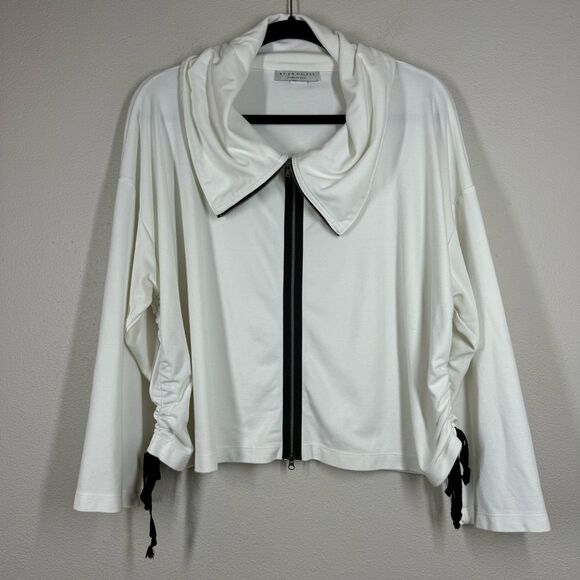 Bryn Walker White Jacket Boxy Zip Up Jersey Knit Ruched Tie Sides Women’s Small - Picture 1 of 9